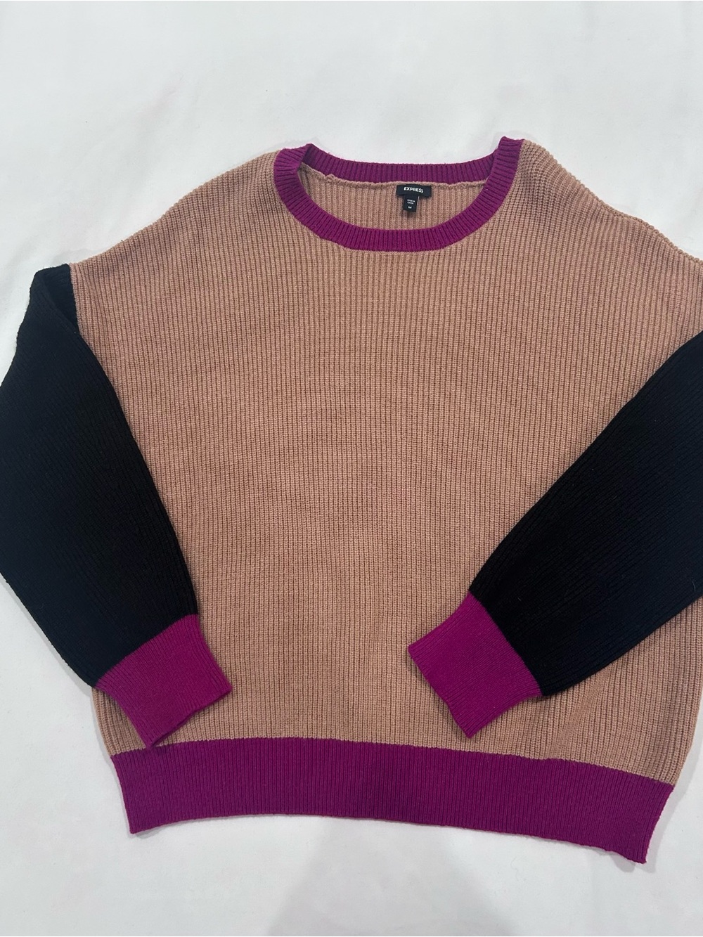 Express Colorblock Crewneck Sweater - Tan, Black & Magenta